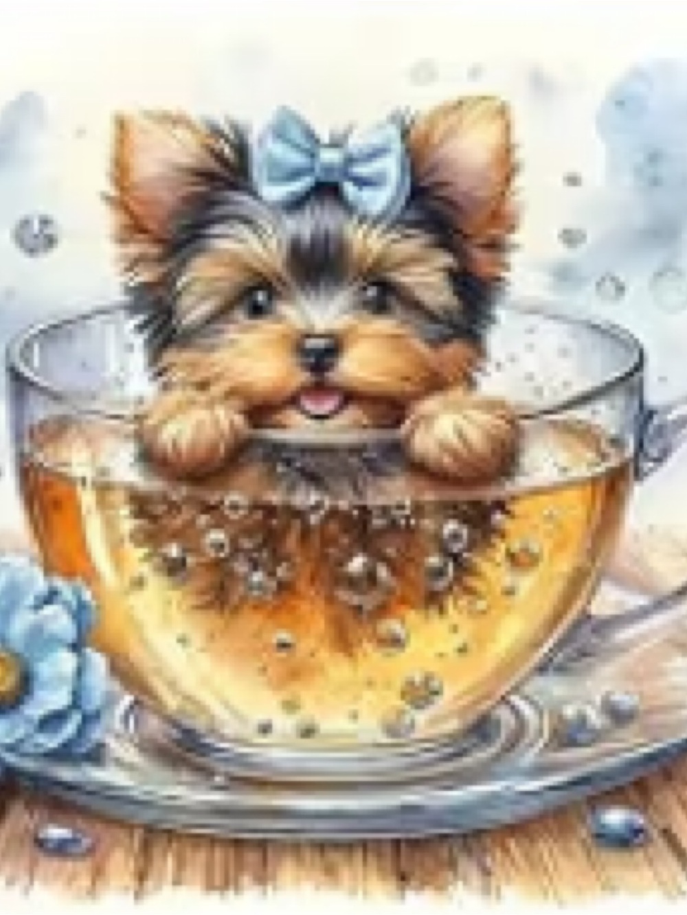 Diamond Art Blue Bow Yorkshire Terrier in Cup 12x12